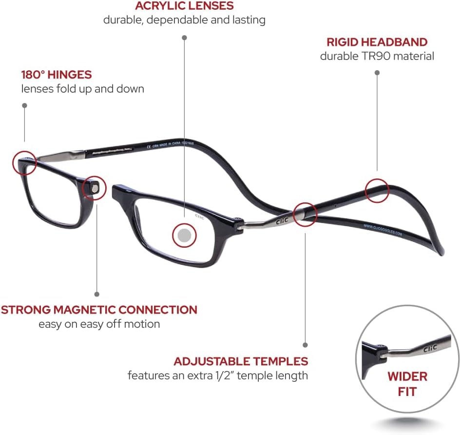 Clic Magnetic Reading Glasses, Computer Readers, Replaceable Lens, Original Long, (M-L, Black, 1.25 Magnification) - Image 3