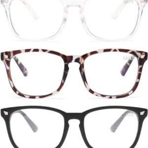 Gaoye Blue Light Blocking Glasses - 3 Pack Fashion Square Fake Eyeglasses, Anti UV Ray Computer Gaming Glasses, Blue Blockers Glasses for Women/Men, Matte Black+Leopard+Transparent